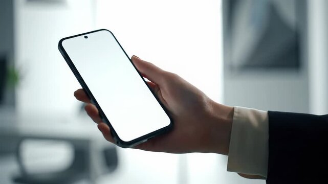A professional's hand in a crisp neutral shirt cuff smoothly glides a sleek black smartphone into frame, performs a precise tap or elegant swipe, sharply focused with a soft bokeh modern office