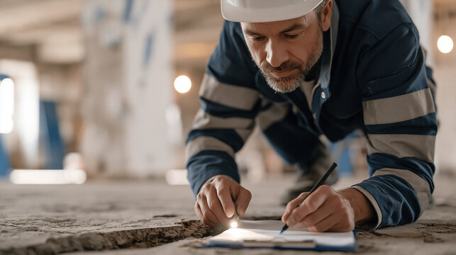 architect crouching to examine a floor slab cold joint with a flashlight at a basement level site visit, over-the-shoulder angle showing clipboard notes, structural review due diligence, constructio