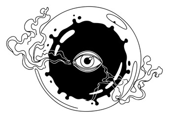 Obraz premium Mystical eye inside a dark sphere surrounded by swirling smoke and magic energy in spiritual line art style