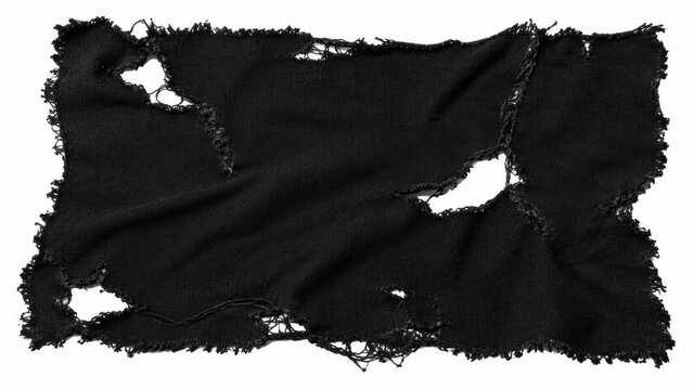 Torn black fabric with frayed edges on white background