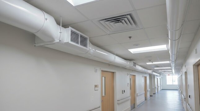 White industrial ventilation duct pipe suspended from ceiling in modern hospital hallway. Air conditioning system for climate control and air circulation in medical facility