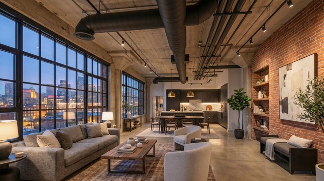 Modern luxury loft apartment with open floor plan and brick wall. Interior design featuring industrial style architecture, city skyline view through large windows and contemporary furniture