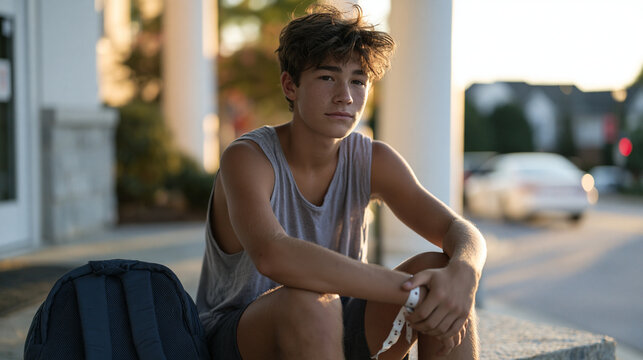 Teenage boy with a hospital ID bracelet still on his wrist sits outside a facility entrance on a July morning, backpack at his feet, a parent's car pulling up in the distance as the aftermath moment