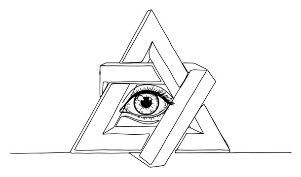 Penrose impossible triangle with mystical human eye in continuous line art style