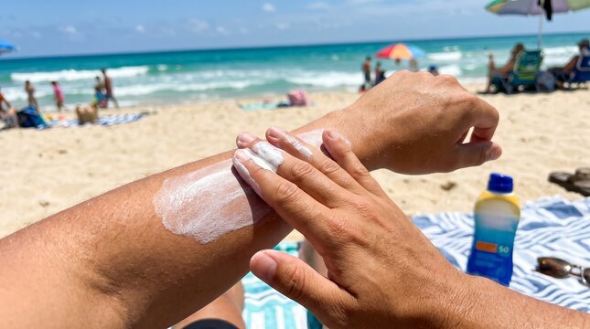 Person applying sunscreen on arm at sunny ocean beach. concept of skin protection, beach vacation, relaxation