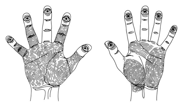 Surreal human hands with eyes on fingertips and fingerprint patterns in black and white line art