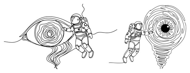 Astronaut floating in space interacting with giant cosmic eye and vortex portals in continuous line art style © InsomniaVideo
