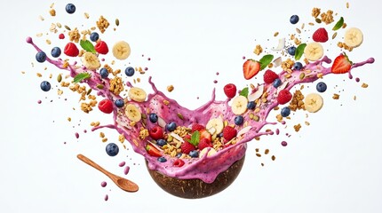 Fototapeta premium Smoothie bowl explosion with flying fruits, nuts, and berries captured in mid-air. concept of refreshing breakfast, healthy lifestyle, vibrant ingredients.