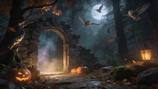 Spooky Halloween night scene with pumpkins, owls, and a full moon