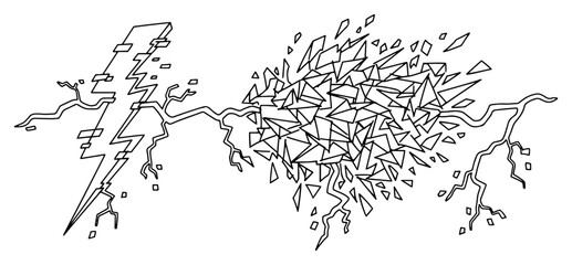 Lightning strike hitting a cluster of shattered geometric shards and crystals in minimalist line art style © InsomniaVideo
