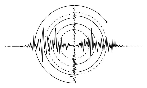 Sound wave frequencies and circular sonar radar target in a technical minimalist line art style