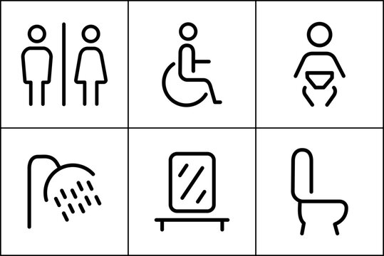 restroom toilet man and woman signs, with wheelchair, shower, and baby diaper station, vector line icons pack.