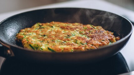 Fototapeta premium Golden zucchini fritter sizzling in a dark pan with steam and crispy edges, close-up cooking shot 