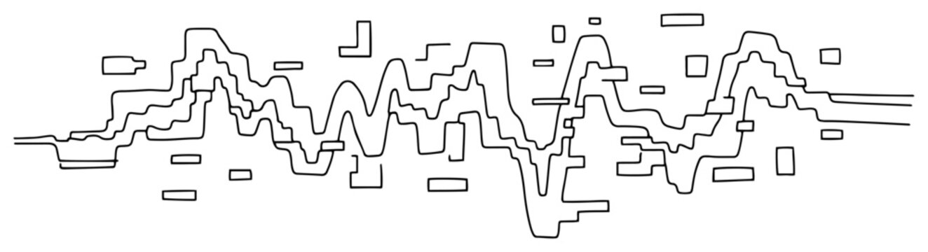 Glitch wave with floating pixel elements in abstract digital line art style
