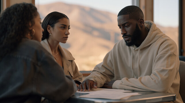 Female probation officer and her male client sit across from each other at a metal table in a county resource office, papers spread between them, the second chance life moment made institutional and