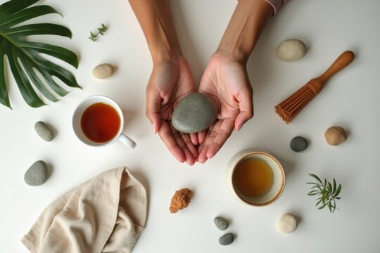 Hands holding a smooth stone for natural spa wellness ritual on white background