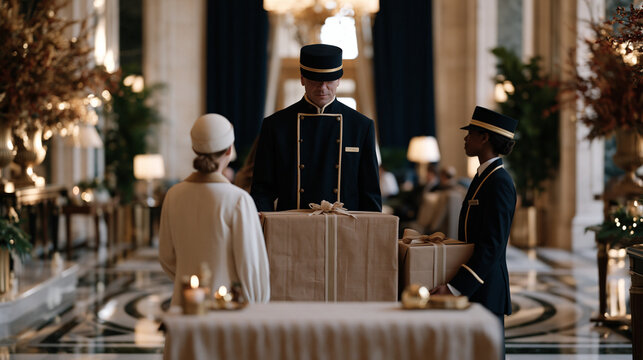 Elegant hotel lobby during peak gifting season, a concierge team of three coordinating delivery of large wrapped hampers to waiting guests, luxury interior with marble floors and seasonal floral arr