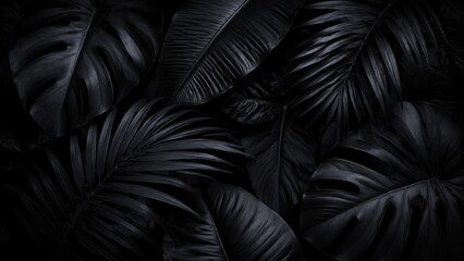 Fototapeta premium Tropical leaves arranged in dark monochrome studio backdrop
