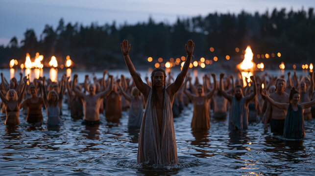 Crowd of barefoot Finnish adults wading into a cold lake at midnight during midsummer solstice, bonfires on the opposite shore reflecting in the still water, arms raised in celebration, the pale Nor