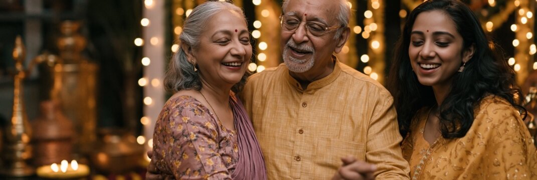 Focused medium shot of an elderly Indian couple learning folk dance steps from a younger relative against a backdrop of brass decor and glowing string lights on a decorated home