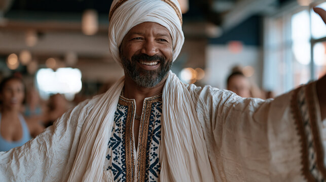 Bhangra dance instructor teaching choreography inside mainstream fitness studio surrounded by suburban adults in workout attire, traditional dhol drum rhythm guiding movement, cultural pride visible