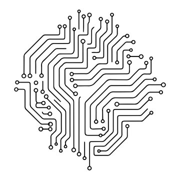 Electronic circuit board pattern with nodes and parallel tracks in tech line art style