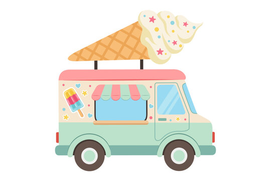 Ice cream truck with waffle cone on roof. Food van with striped awning, popsicle sticker and stars decor. Isolated mobile kiosk for summer frozen desserts selling on transparent background.