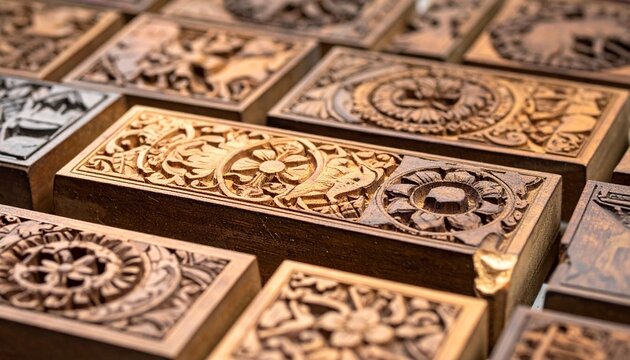 Intricately carved wooden printing blocks with floral, geometric, and animal motifs, symbolizing cultural artistry and textile traditions.