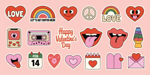 Retro valentine's day sticker collection with hearts peace sign cassette tape and lava lamp love vintage © MadhobiRani