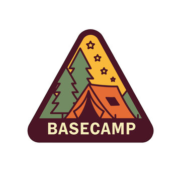 Vintage style basecamp badge with tent and pine trees illustration.