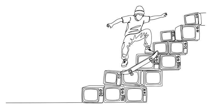 Skateboarder performing trick on stairs made of retro television sets in continuous line art style