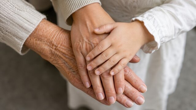 Child holding elderly hands in supportive familial setting