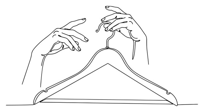 Human hands reaching for clothes hanger in minimalist continuous line art style
