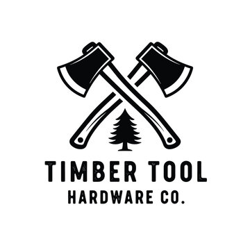 Vintage style logo featuring crossed axes and a pine tree for timber tool hardware company.