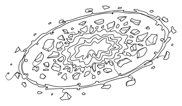 Planet surface exploding with flying rocks and debris in minimalist line art style