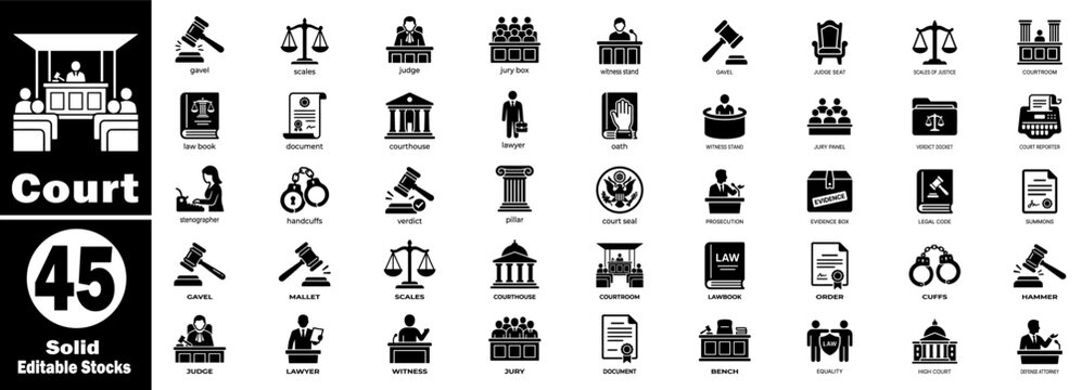 Court solid icons in a stylish black color, editable and perfect for web and print projects.