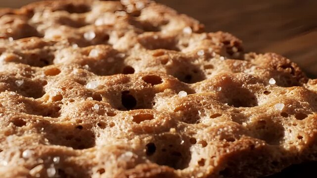 Closeup macro shot of a crispy golden brown flatbread with visible salt crystals.