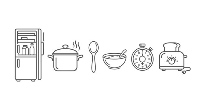 Household kitchen appliances and cooking tool icons.