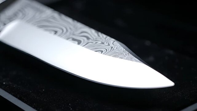 Closeup of a Damascus steel knife blade with intricate patterns 1.