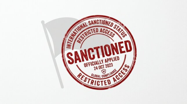 A stamp shows sanctioned status with a flag silhouette indicating restricted access applied on October 24, 2023 in a compliance context.