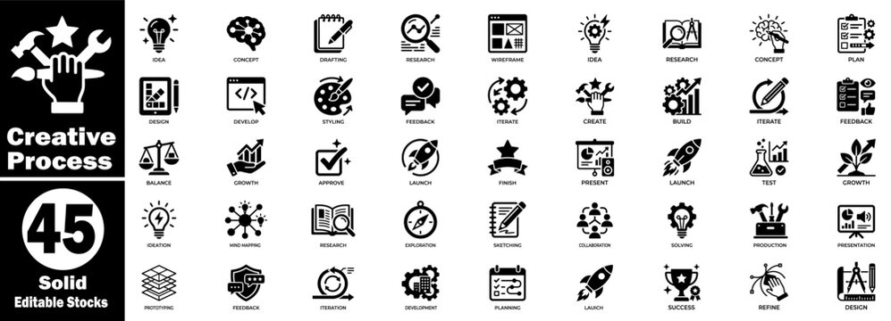 Creative process solid icons in a stylish black color, editable and perfect for web and print projects.