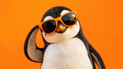 Fototapeta premium A penguin stands upright and wears orange sunglasses while greeting the viewer. The background is bright orange, creating a fun and cheerful scene.