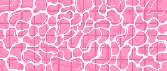 Pink swimming pool water surface top view. Top down view of pinkish rippled liquid with caustics ripples, white sunny highlights and square mosaic tiles background. © Mila