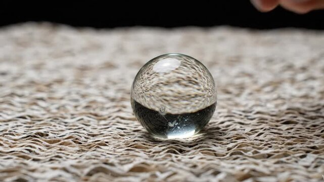Close-up of a hand placing a glass sphere onto recycled textured paper, symbolizing transparency in ESG, sustainable circular design, and eco-friendly material innovation.