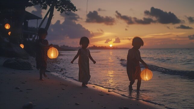 Children hold glowing lanterns along the beach at sunset. Silhouettes walk barefoot, steps sinking softly in wet sand. Warm orange sky reflects off gentle waves behind them. They move slowly, carefree