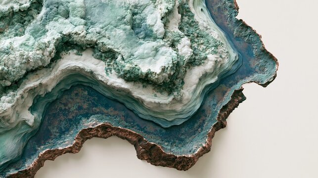 Medium shot of layered organic bronze texture with soft patina clouds in green and blue hues isolated on offwhite background showcasing modern graphic simplicity.