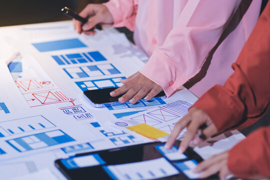 team of UI UX web designer are working together to develop mobile responsive websites with UI UX front end designer previews