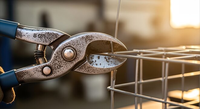 Heavy duty snips precisely cut thick steel wire mesh in industrial workshop at golden hour light