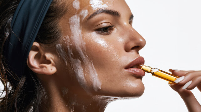 Woman with face mask applying hydrating serum ampoule, enjoying daily skincare routine for moisturized, healthy, and refreshed glowing complexion during beauty treatment