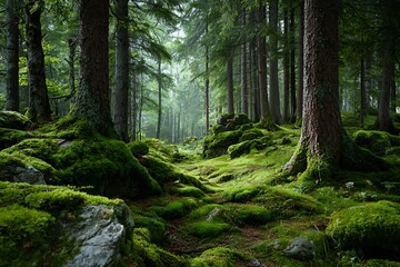 Fototapeta premium A serene forest landscape with lush green moss covering the ground and trees, creating a tranquil and peaceful atmosphere.